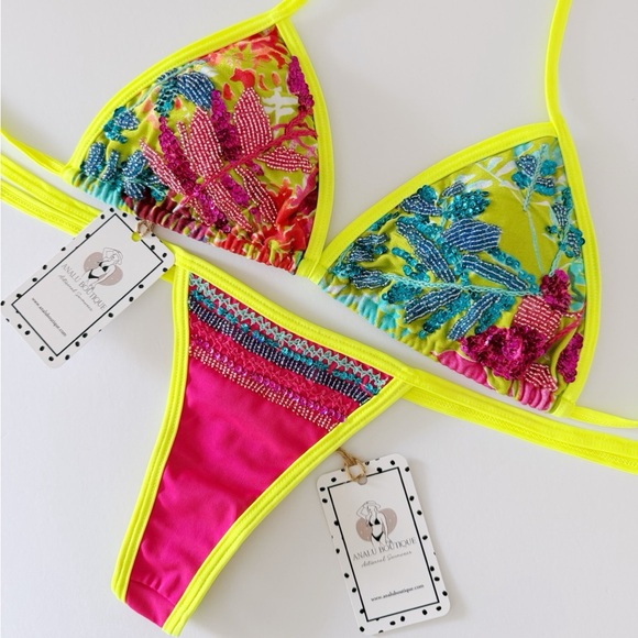 NWT Sexy Floral Blue Pink Beaded Embroidered Bikini Set Made in Colombia